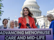 Oscar-winning actor and women&rsquo;s health activist Halle Berry joins Sen. Patty Murray, D-Wash., second from left, and Sen. Lisa Murkowski, R-Alaska, right, and other women of the Senate as they introduce new legislation to boost federal research on menopause, at the Capitol in Washington, Thursday, May 2, 2024. The bipartisan Senate bill, the Advancing Menopause Care and Mid-Life Women&rsquo;s Health Act, would create public health efforts to improve women&rsquo;s mid-life health. (AP Photo/J.