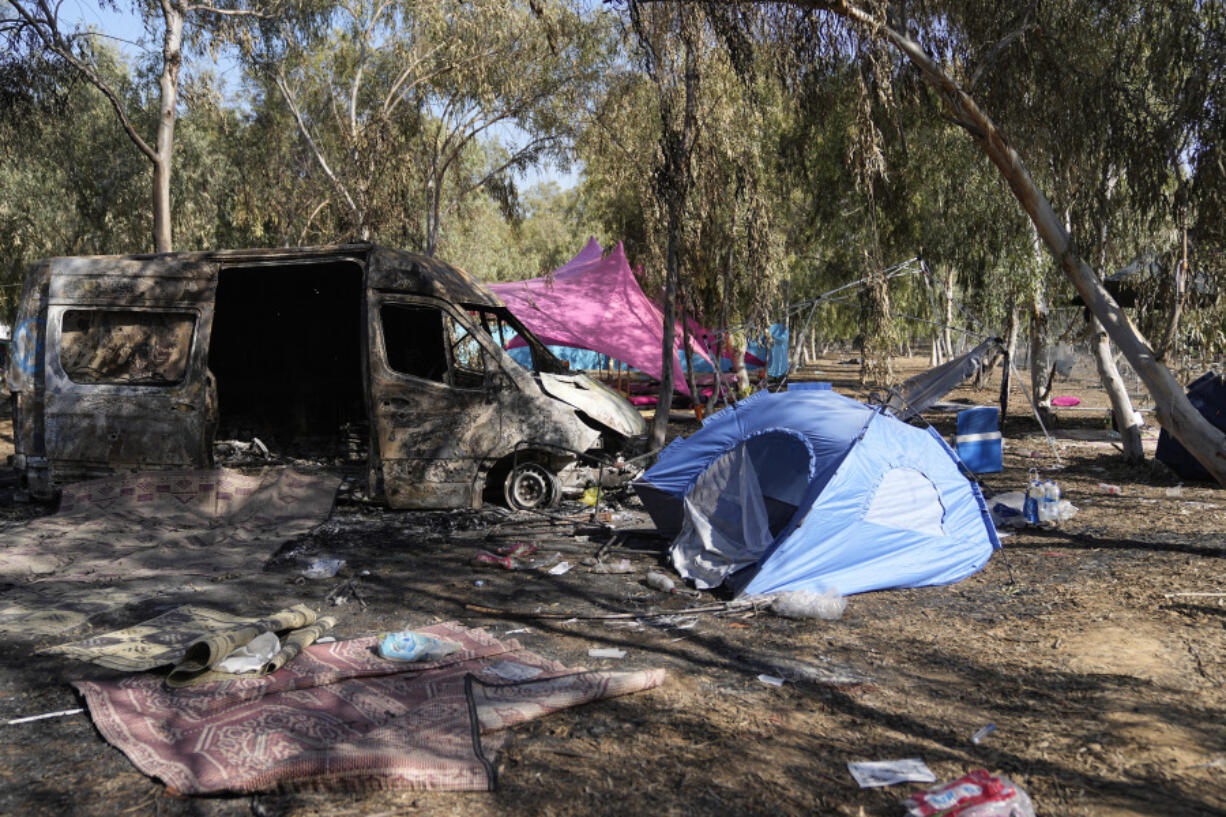 FILE - The site of the Nova music festival where at least 260 Israeli festival-goers were killed during the attack by Hamas militants on Oct 7, near the border with the Gaza Strip in southern Israel, Oct. 12, 2023. Some allege the accounts of sexual assault were purposely concocted. Zaka officials and others dispute that. Regardless, AP&rsquo;s examination of Zaka&rsquo;s handling of the now debunked stories shows how information can be clouded and distorted in the chaos of the conflict.