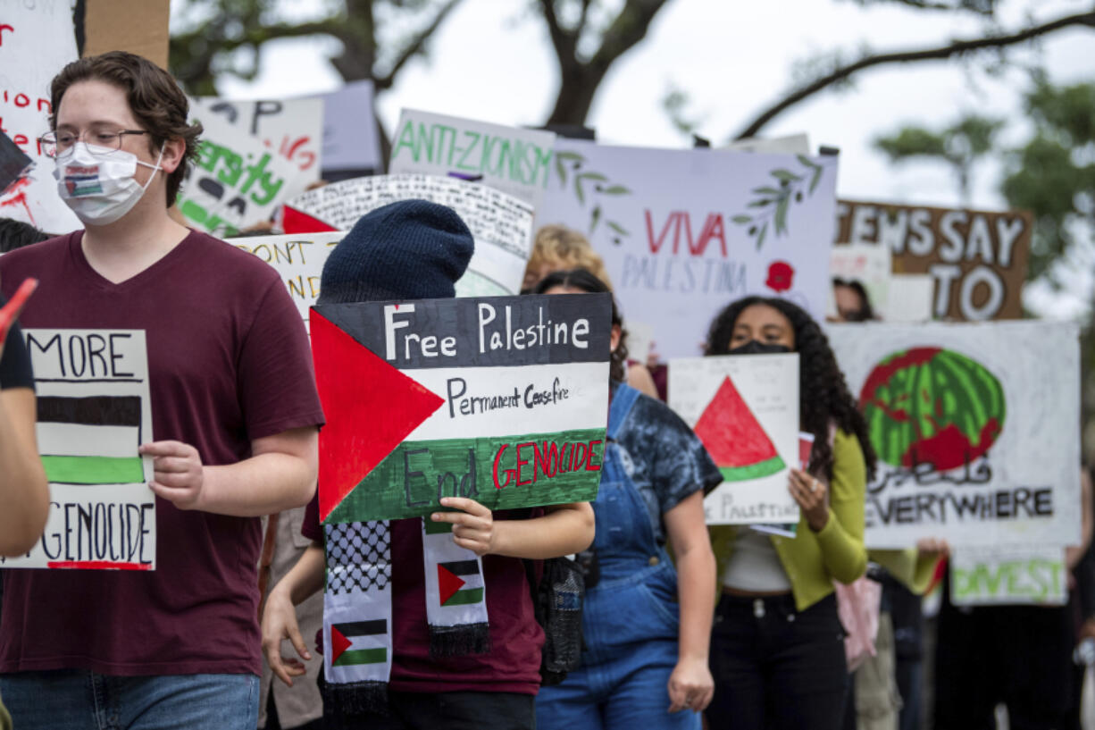 Texas A&amp;M students and members of Texas A&amp;M Young Democratic Socialists of America participate in a pro-Palestinian protest in Rudder Plaza on campus, Tuesday, April 23, 2024, in College Station, Texas.