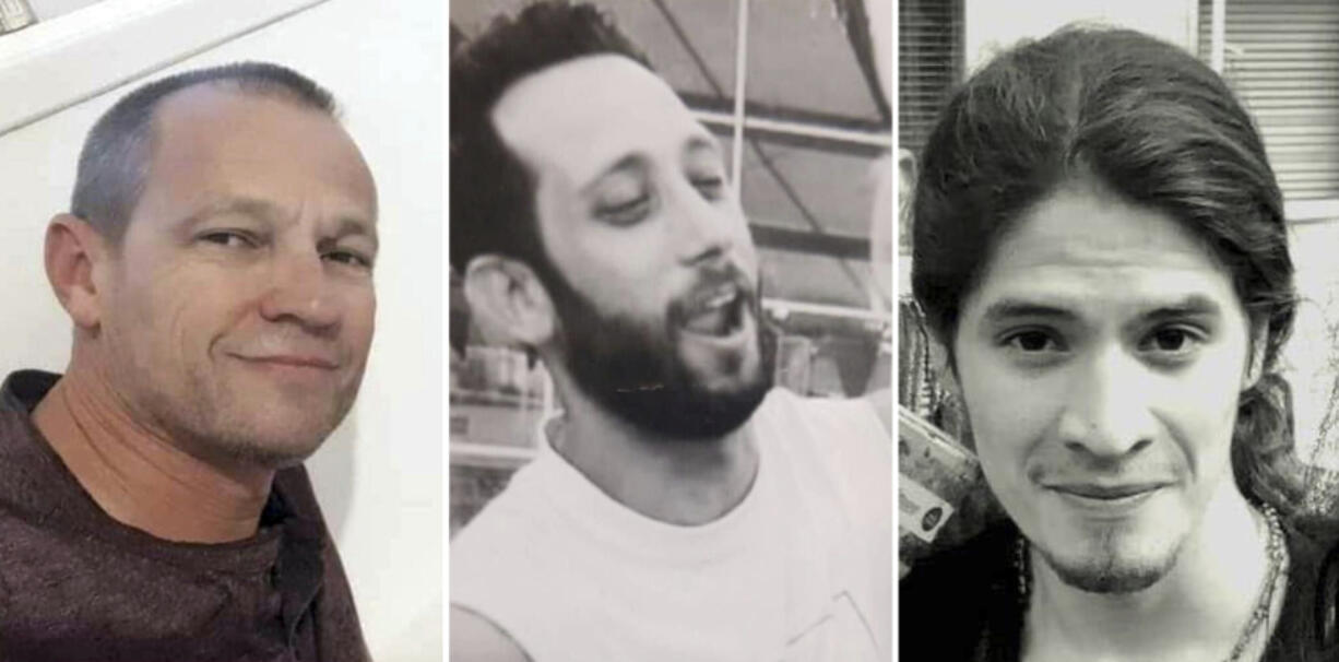 This combo from photos provided by Hostages Families Forum Headquarters shows from left, Michel Nisenbaum, 59, Hanan Yablonka, 42, and Oryon Hernandez Radoux, 30. The bodies of three more hostages killed on Oct 7. were recovered overnight from Gaza, Israel&rsquo;s army said Friday May 24, 2024.