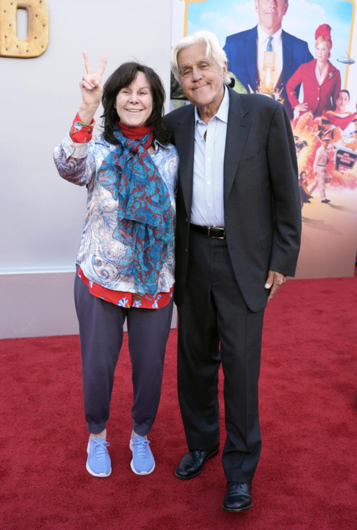Jay Leno, right, and his wife Mavis pose together at the premiere of the Netflix film &quot;Unfrosted&quot; at the Egyptian Theatre, Tuesday, April 30, 2024, in Los Angeles.