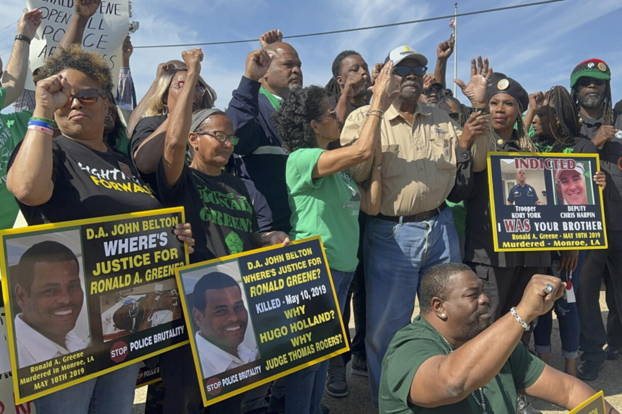 Demonstrators hold a rally for the late Ronald Greene outside the Union Parish Courthouse in Farmerville, La., on Friday, May 10, 2024. Half a decade after Greene&rsquo;s violent death, the federal investigation remains open and unresolved with no end in sight. Two officers charged in Greene&rsquo;s death are scheduled to be tried here later this year.