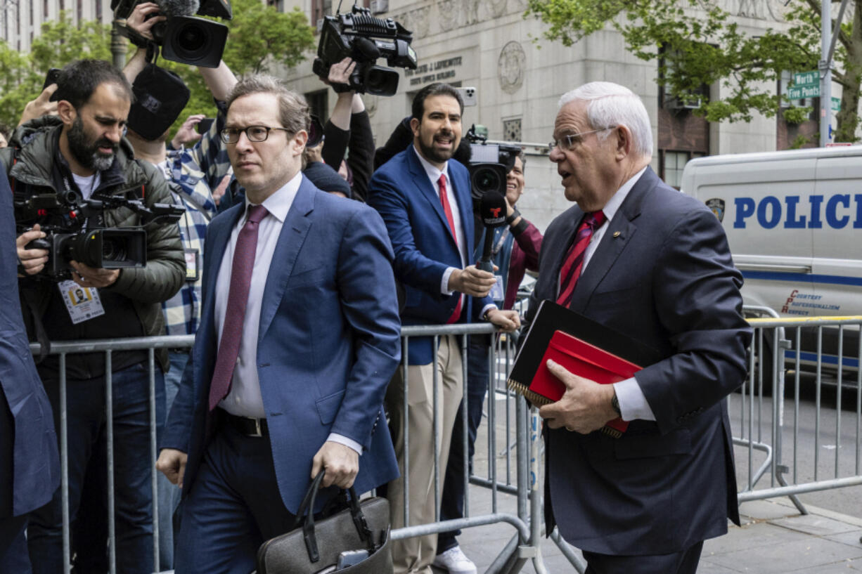 Sen. Bob Menendez, D-N.J., arrives for the first day of his trial at Manhattan federal court, Monday, Monday, May 13, 2024, in New York.