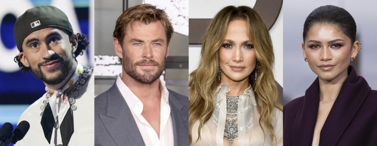 This combination of photos shows, from left, Bad Bunny, Chris Hemsworth, Jennifer Lopez and Zendaya, will join Anna Wintour as co-chairs of this year&rsquo;s Met Gala.