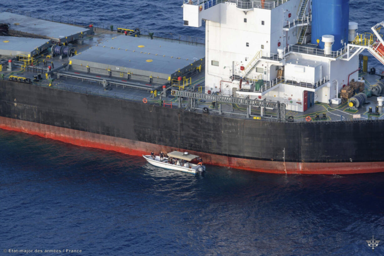 In this undated photo provided by the Etat Major des Armees  on Thursday, May 30, 2024, a view of the Laax, a Greek-owned, Marshall Islands-flagged bulk carrier that came under attack by Yemen&rsquo;s Houthi rebels earlier this week, carrying cargo of grain bound for Iran, the group&rsquo;s main benefactor, authorities said Thursday.