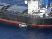 In this undated photo provided by the Etat Major des Armees  on Thursday, May 30, 2024, a view of the Laax, a Greek-owned, Marshall Islands-flagged bulk carrier that came under attack by Yemen&rsquo;s Houthi rebels earlier this week, carrying cargo of grain bound for Iran, the group&rsquo;s main benefactor, authorities said Thursday.