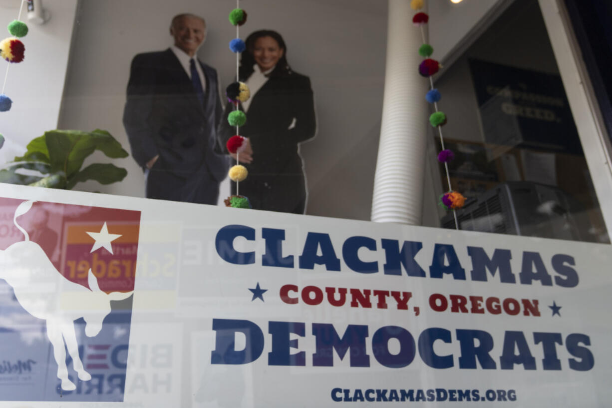 A sign is displayed at the Clackamas County Democratic party building, which is in Oregon&#039;s 5th Congressional District, on Friday, May 17, 2024, in Oregon City, Ore. Two Democratic primaries for U.S. House seats in Oregon could help reveal whether the party&#039;s voters are leaning more toward progressive or establishment factions. Candidates running in the state&#039;s 3rd and 5th Congressional Districts largely share similar policy platforms.
