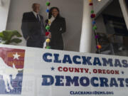 A sign is displayed at the Clackamas County Democratic party building, which is in Oregon&#039;s 5th Congressional District, on Friday, May 17, 2024, in Oregon City, Ore. Two Democratic primaries for U.S. House seats in Oregon could help reveal whether the party&#039;s voters are leaning more toward progressive or establishment factions. Candidates running in the state&#039;s 3rd and 5th Congressional Districts largely share similar policy platforms.