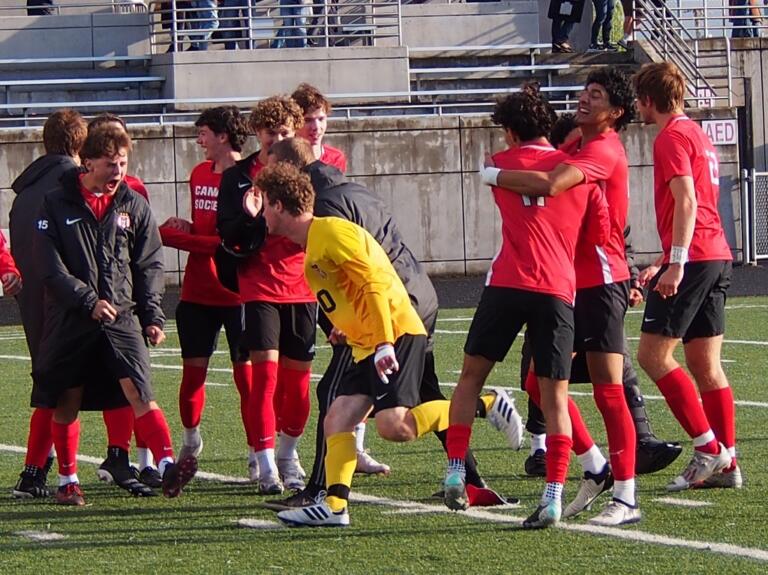Camas players celebrate following their 1-0 victory over Chiawana in the 4A state quarterfinal match Saturday, May 18, 2024, at Doc Harris Stadium in Camas.