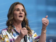 FILE - Co-chair of the Bill &amp; Melinda Gates Foundation Melinda French Gates speaks at the forum Empowering Women as Entrepreneurs and Leaders during the World Bank/IMF Spring Meetings at the International Monetary Fund (IMF) headquarters in Washington, on April 13, 2023. French Gates says she will be donating $1 billion over the next two years to individuals and organizations working on behalf of women and families globally, including on reproductive rights in the United States.