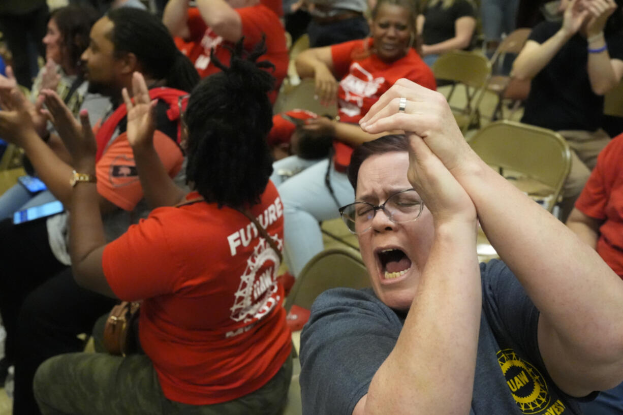 Volkswagen automobile plant employee Stephanie Romack celebrates after fellow workers voted to join the UAW union in Chattanooga, Tenn., April 19, 2024.