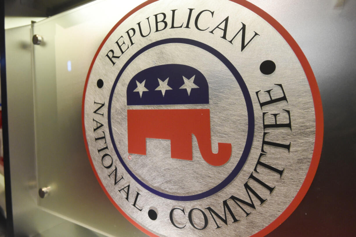 FILE - The Republican National Committee logo is shown on the stage at the North Charleston Coliseum, Jan. 13, 2016, in North Charleston, S.C. The Republican National Committee&rsquo;s Washington headquarters was briefly evacuated on Wednesday as police investigated vials of blood that had been addressed to former President Donald Trump, the party&rsquo;s presumptive presidential nominee.
