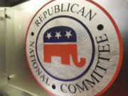 FILE - The Republican National Committee logo is shown on the stage at the North Charleston Coliseum, Jan. 13, 2016, in North Charleston, S.C. The Republican National Committee&rsquo;s Washington headquarters was briefly evacuated on Wednesday as police investigated vials of blood that had been addressed to former President Donald Trump, the party&rsquo;s presumptive presidential nominee.