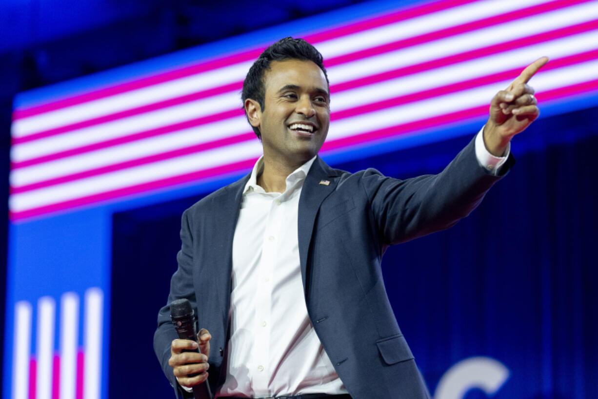 FILE - Vivek Ramaswamy speaks during the Conservative Political Action Conference, CPAC 2024, at National Harbor, in Oxon Hill, Md., Saturday, Feb. 24, 2024. Ramaswamy had purchased a 7.7% stake in Buzzfeed, the Pulitzer Prize winning digital media outlet that went into restructuring last year. Shares skyrocketed more than 50% before the market open on Wednesday, May 22.