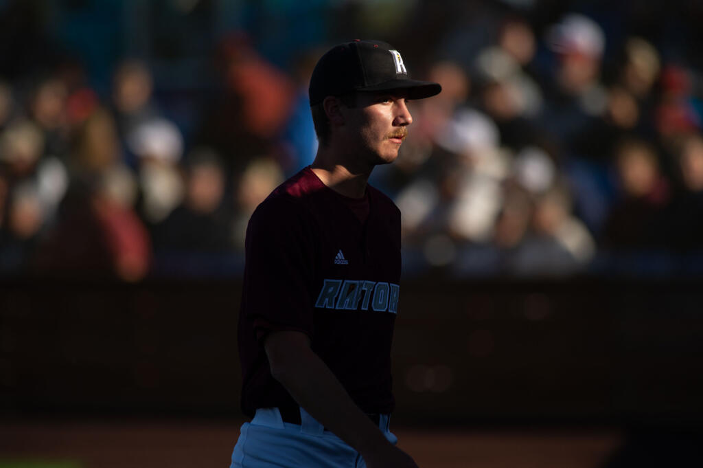 Ridgefield Raptors pitcher Travis Gibson, a Washougal High grad and Clark College pitcher, heads for the dugout Thursday, May 30, 2024, at Ridgefield Outdoor Athletic Complex.