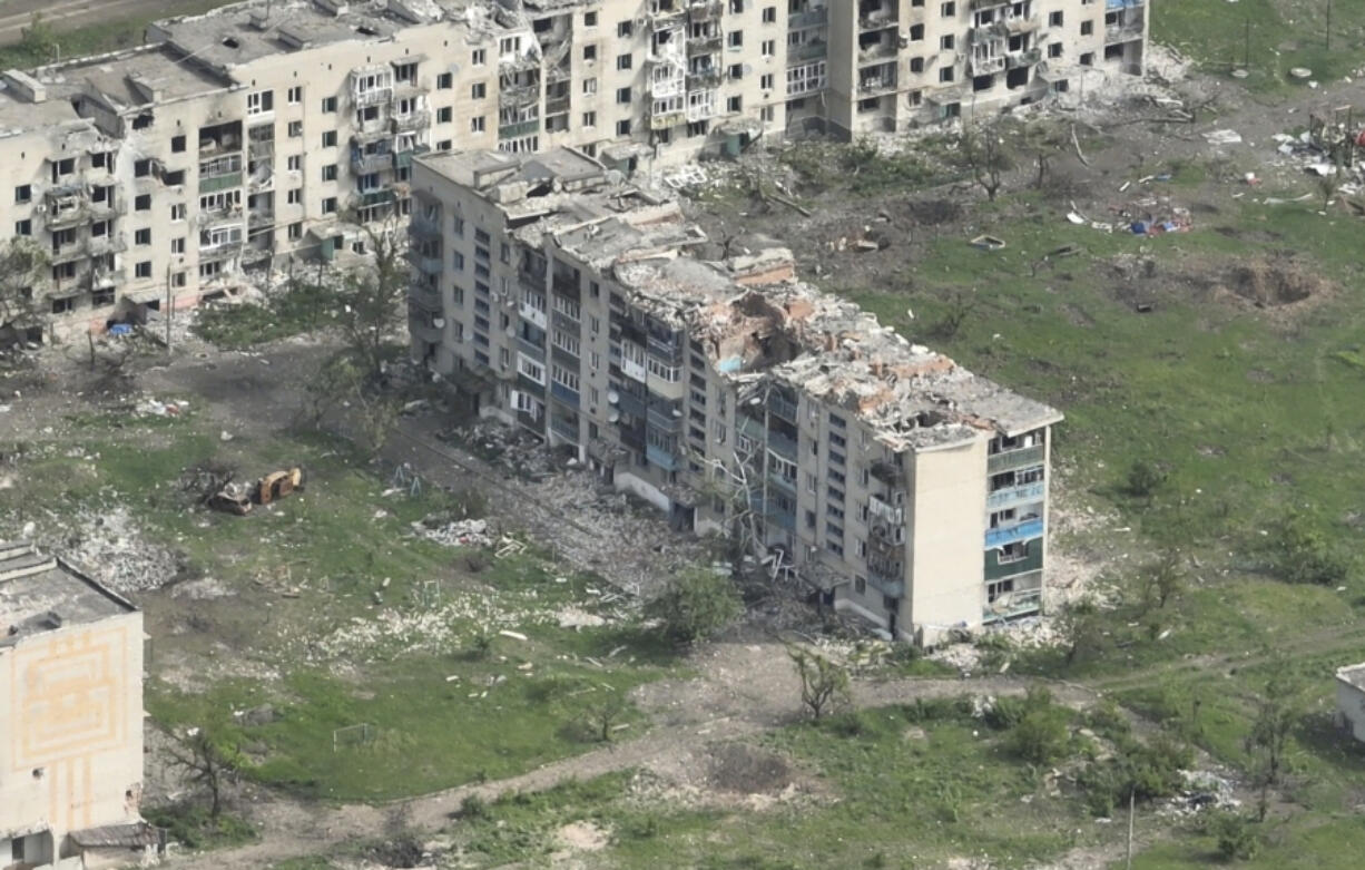 This photo taken from a drone video provided by Ukraine Patrol Police, shows devastation in Chasiv Yar, an eastern Ukrainian city Russia is assaulting, Ukraine, Monday, April 29, 2024. The footage shows the community of Chasiv Yar - which is set amid green fields and woodland - reduced to a skeletal ghost town with few residents left. The apocalyptic scene is reminiscent of the cities of Bakhmut and Avdiivka, which Ukraine yielded after months of bombardment and huge losses for the Kremlin&rsquo;s forces.