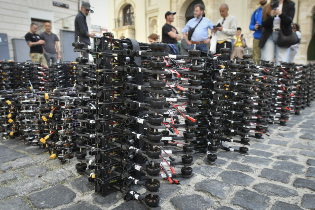 Over 800 FPV drones from the city volunteers are seen in central Lviv, western Ukraine, Friday, May 10, 2024. Lviv volunteers have handed over nearly 7 300 drones to the Ukrainian army over the year in the frame of project &quot;Birds of Victory&quot;.