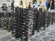 Over 800 FPV drones from the city volunteers are seen in central Lviv, western Ukraine, Friday, May 10, 2024. Lviv volunteers have handed over nearly 7 300 drones to the Ukrainian army over the year in the frame of project &quot;Birds of Victory&quot;.