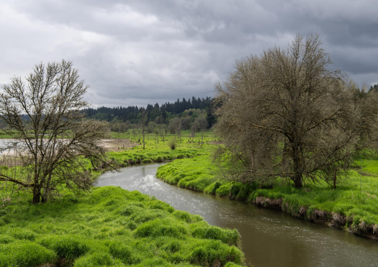 Salmon Creek flows near the Northwest 36th Avenue bridge April 26. Low rainfall totals and decreased snowpack levels could leave rivers and streams running dry this summer but likely won&rsquo;t affect Clark County&rsquo;s drinking-water supplies, which primarily come from groundwater sources.