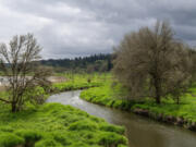 Salmon Creek flows near the Northwest 36th Avenue bridge April 26. Low rainfall totals and decreased snowpack levels could leave rivers and streams running dry this summer but likely won&rsquo;t affect Clark County&rsquo;s drinking-water supplies, which primarily come from groundwater sources.