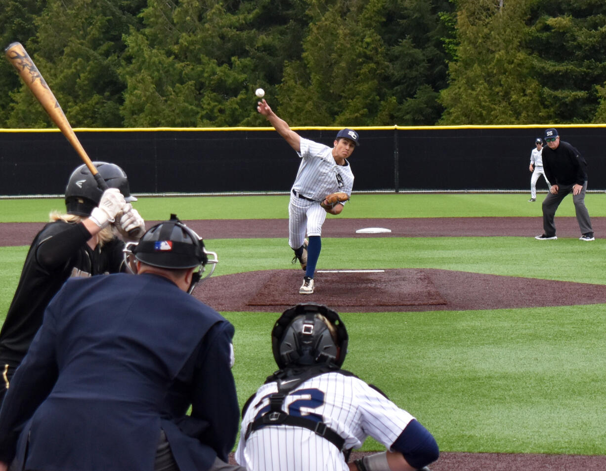 Seton Catholic sophomore Kolten Gesser delivers a pitch against Meridian in a 1A state quarterfinal baseball game at Camas High School on Saturday, May 18, 2024.