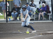 Taylor Lies of Skyview hits the ball during a Class 4A state quarterfinal softball game against Emerald Ridge at Columbia Playfields in Richland on Friday, May 24, 2024.