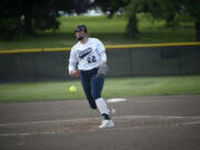 Maddie Milhorn of Skyview delivers a pitch against Puyallup in the third-place game at the Class 4A state softball tournament at Columbia Playfields in Richland on Saturday, May 25, 2024.