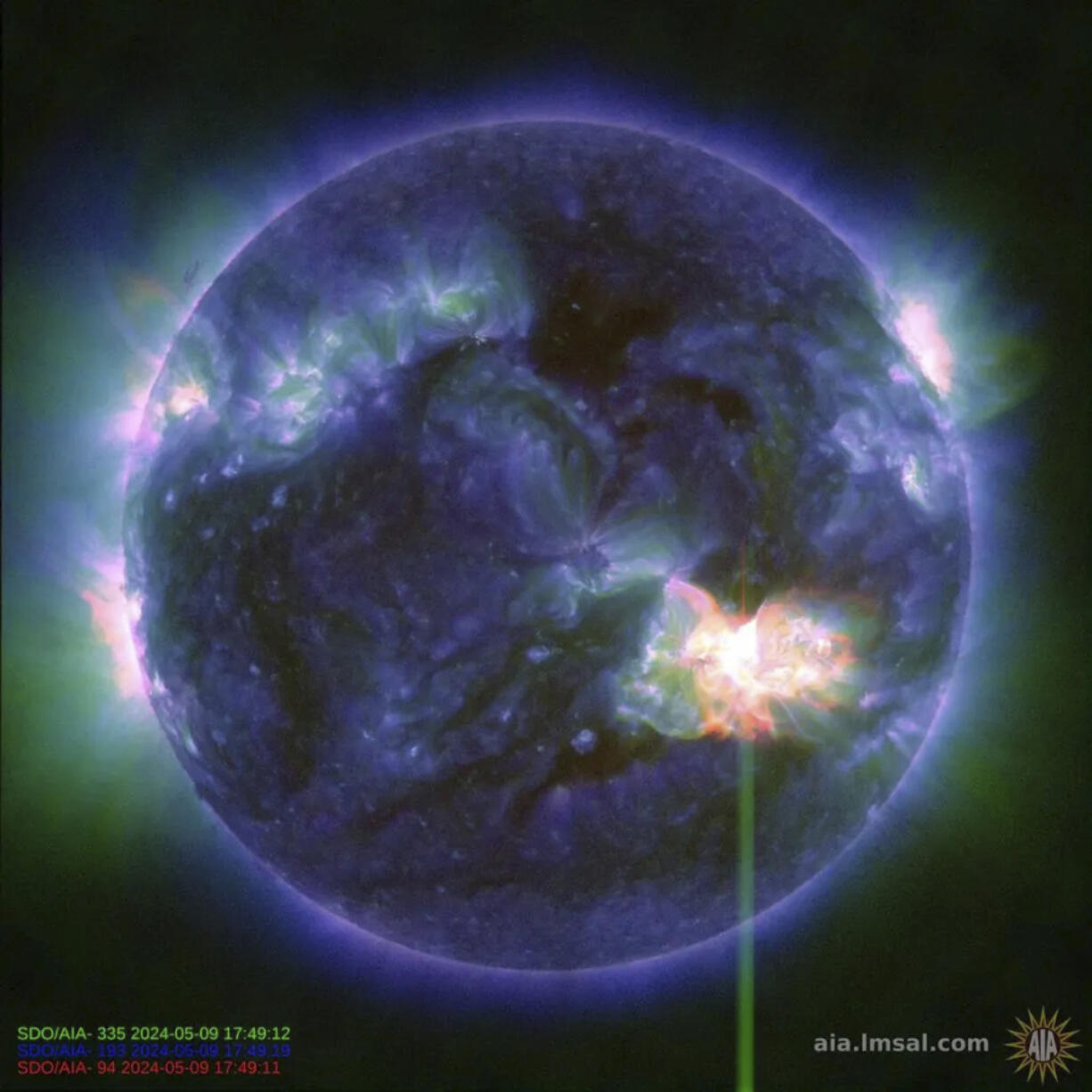 This image provided by NASA shows a solar flare, as seen in the bright flash in the lower right,  captured by NASA&rsquo;s Solar Dynamics Observatory on May 9, 2024. A severe geomagnetic storm watch has been issued for Earth starting Friday and lasting all weekend  _ the first in nearly 20 years.