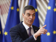 FILE - Spain&rsquo;s Prime Minister Pedro Sanchez arrives for a EU Summit in Brussels, on March 21, 2024. Norway, Ireland and Spain recognized a Palestinian state on Wednesday May 22, 2024 in a historic move that drew condemnation from Israel and jubilation from the Palestinians. Israel ordered back its ambassadors from Norway and Ireland.