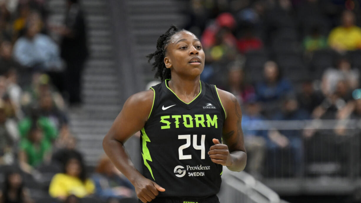 Seattle Storm guard Jewell Loyd (24) looks on during a WNBA basketball game against the Minnesota Lynx, Tuesday, May 14, 2024, in Seattle.