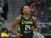 Seattle Storm guard Jewell Loyd (24) looks on during a WNBA basketball game against the Minnesota Lynx, Tuesday, May 14, 2024, in Seattle.