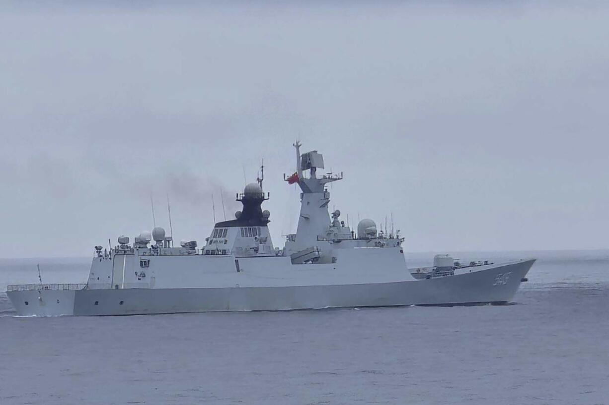 In this photo released by the Taiwan Coast Guard, a Chinese navy vessel identified as the Chinese Missile Frigate FFG 548 is seen near the Pengjia Islet north of Taiwan on Thursday, May 23, 2024. Taiwan scrambled jets and put missile, naval and land units on alert Thursday over Chinese military exercises being conducted around the self-governing island democracy where a new president took office this week.