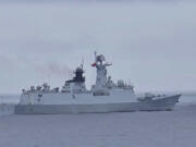 In this photo released by the Taiwan Coast Guard, a Chinese navy vessel identified as the Chinese Missile Frigate FFG 548 is seen near the Pengjia Islet north of Taiwan on Thursday, May 23, 2024. Taiwan scrambled jets and put missile, naval and land units on alert Thursday over Chinese military exercises being conducted around the self-governing island democracy where a new president took office this week.