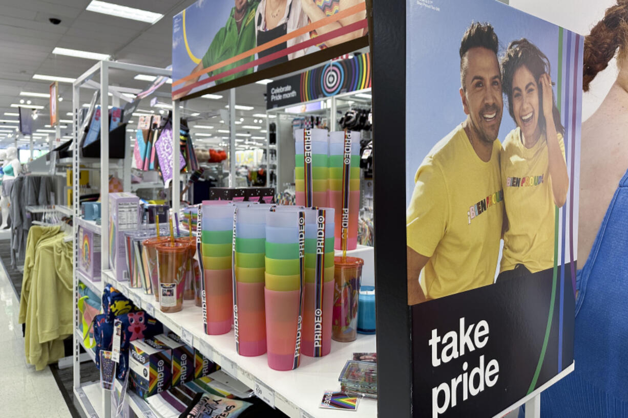 FILE - Pride month merchandise is displayed at a Target store, May 24, 2023, in Nashville, Tenn. Target confirmed that it won&rsquo;t be carrying its LGBTQ+ merchandise for Pride month in June, 2024, in some stores after the discount retailer received backlash last year for its assortment.