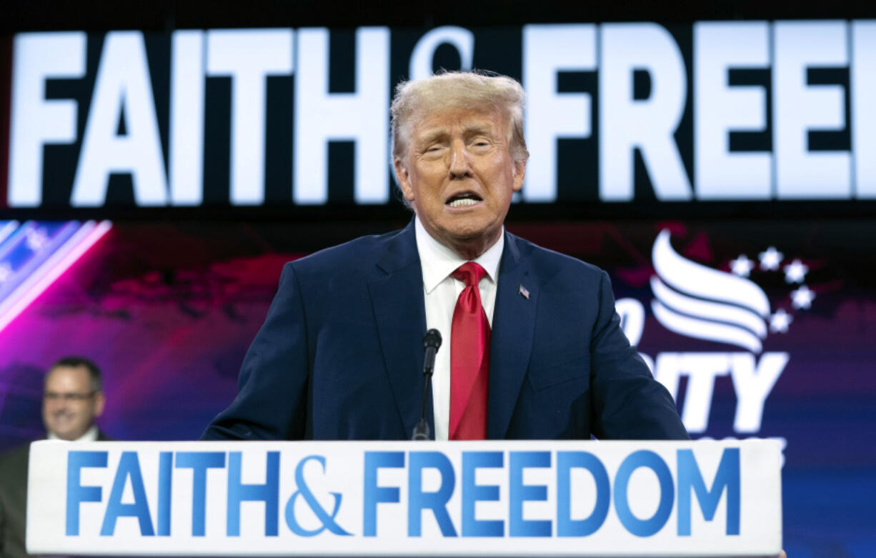 Former President Donald Trump speaks June 24, 2023, during the Faith &amp; Freedom Coalition Policy Conference in Washington. Trump&rsquo;s support from white evangelicals and other conservative Christians is as strong as ever.