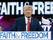 Former President Donald Trump speaks June 24, 2023, during the Faith &amp; Freedom Coalition Policy Conference in Washington. Trump&rsquo;s support from white evangelicals and other conservative Christians is as strong as ever.