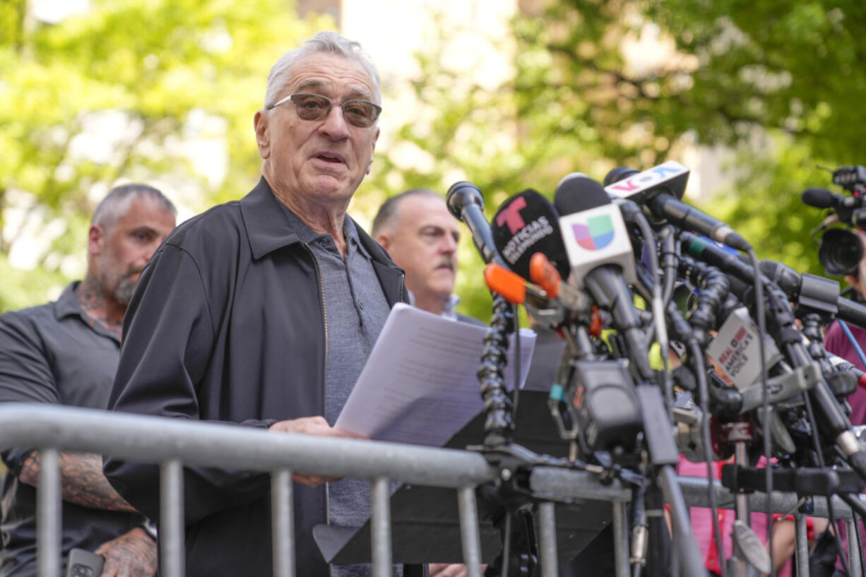 Robert De Niro speaks to reporters in support of President Joe Biden across the street from former President Donald Trump&#039;s criminal trial in New York, Tuesday, May 28, 2024.