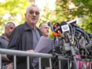 Robert De Niro speaks to reporters in support of President Joe Biden across the street from former President Donald Trump&#039;s criminal trial in New York, Tuesday, May 28, 2024.