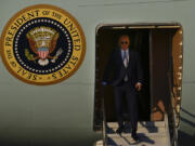 U.S. President Joe Biden arrives on Air Force One at Moffett Airfield in Mountain View, Calif., Thursday, May 9, 2024.