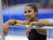 Gymnast Jordan Chiles pauses during training Thursday, Feb. 29, 2024, in Spring, Texas. Chiles doesn&rsquo;t have to put herself through this. She knows this. The proof is tattooed on her arm. It&rsquo;s sitting in her trophy room. It&rsquo;s on her social media pages, which are dotted with the kind of partnerships she once never dreamed possible.(AP Photo/David J.