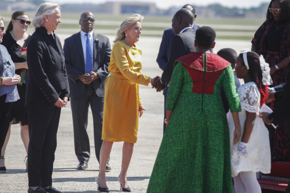 First lady Jill Biden, center, greets Kenya&rsquo;s President William Ruto and first lady Rachel Ruto, center right, as they arrive at Andrews Air Force Base, Md., Wednesday, May 22, 2024, for a State Visit to the United States. (AP Photo/Luis M.
