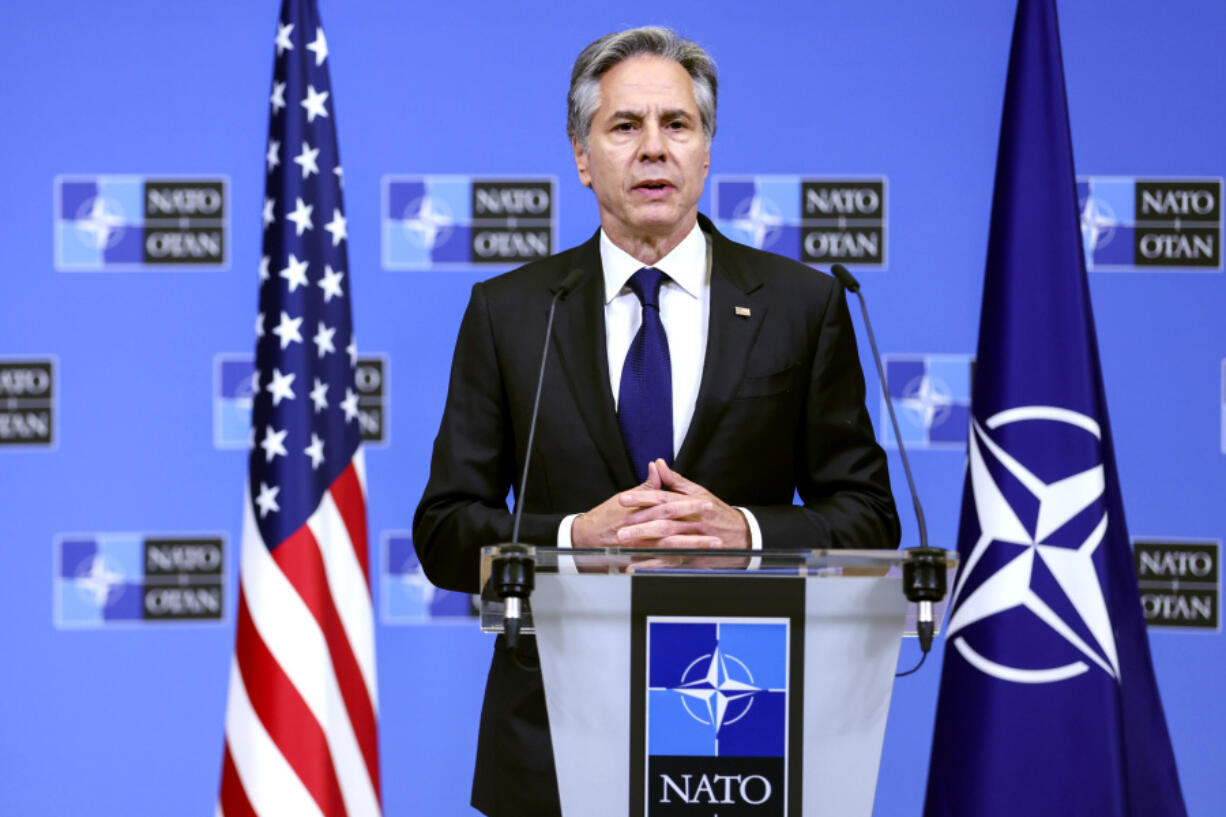 FILE - Secretary of State Antony Blinken addresses a media conference at NATO headquarters in Brussels, April 4, 2024. Blinken will travel to eastern Europe next week as concerns mount about Russia&#039;s advances in Ukraine, potential Russian interference in neighboring Moldova and pro-Moscow legislation being promoted in Georgia. The State Department said Friday, May 24, that Blinken would visit the Moldovan capital of Chisinau on Wednesday before attending a NATO foreign ministers meeting in Prague on Thursday and Friday.