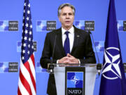 FILE - Secretary of State Antony Blinken addresses a media conference at NATO headquarters in Brussels, April 4, 2024. Blinken will travel to eastern Europe next week as concerns mount about Russia&#039;s advances in Ukraine, potential Russian interference in neighboring Moldova and pro-Moscow legislation being promoted in Georgia. The State Department said Friday, May 24, that Blinken would visit the Moldovan capital of Chisinau on Wednesday before attending a NATO foreign ministers meeting in Prague on Thursday and Friday.