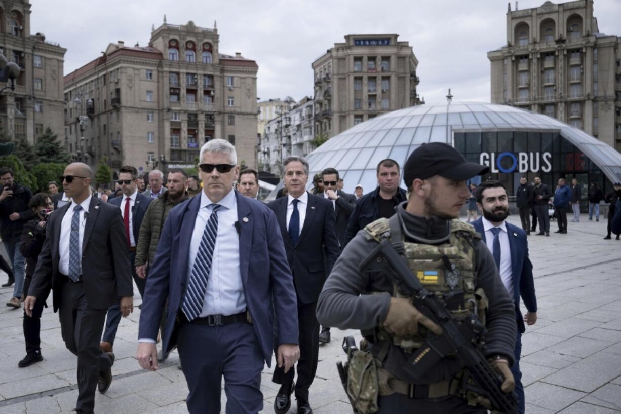 US Secretary of State Antony Blinken walks on Independence Square in Kyiv, Tuesday, May 14, 2024. US military aid for Ukraine is &ldquo;now on its way&rdquo; and will &ldquo;make a real difference,&rdquo; Secretary of State Antony Blinken said during a visit to Kyiv on May 14, 2024.