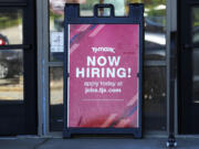 A hiring sign is displayed at a retail store in Vernon Hills, Ill., Tuesday, May 28, 2024. On Thursday, May 30, 2024, the Labor Department reports on the number of people who applied for unemployment benefits last week. (AP Photo/Nam Y.