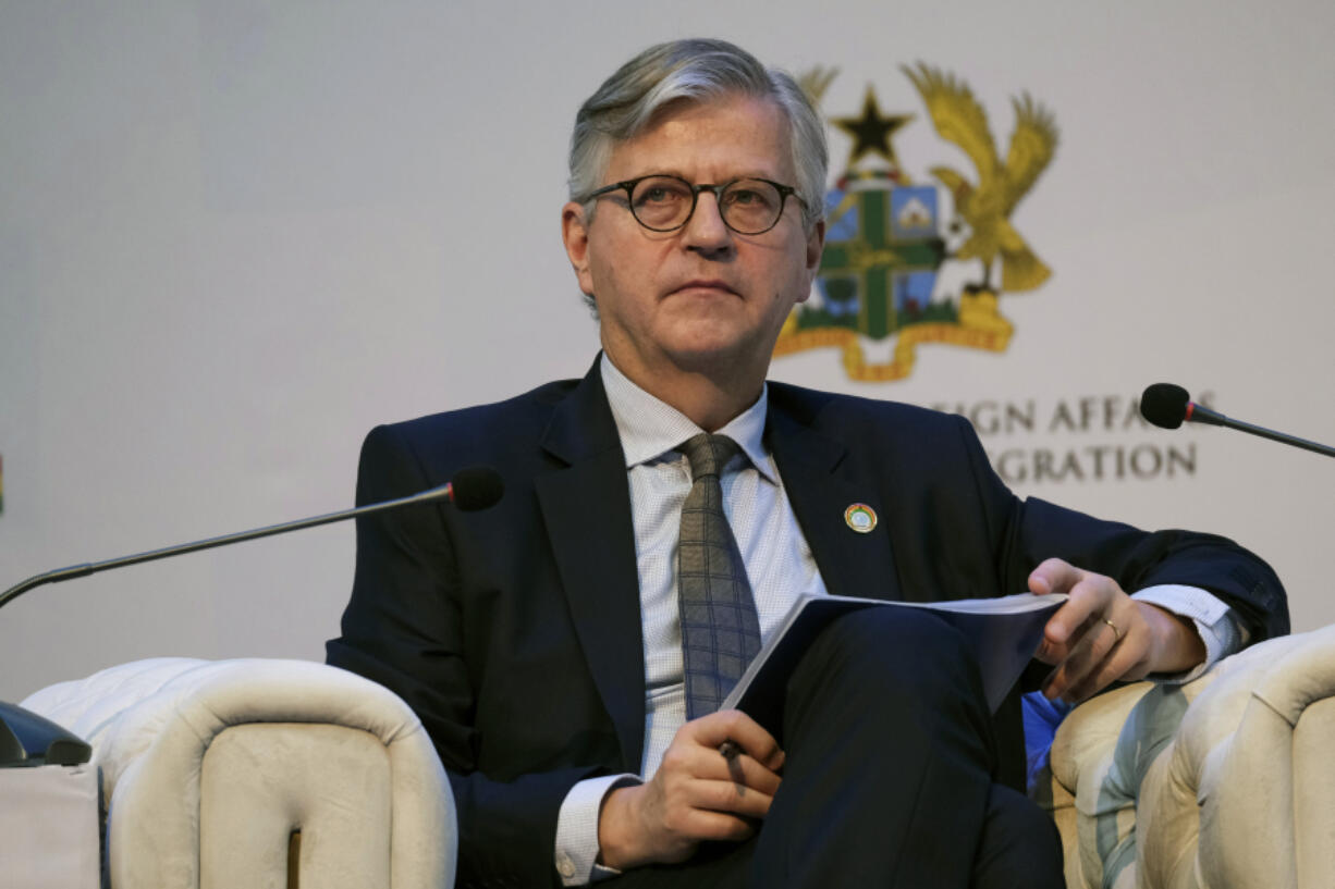 FILE - Jean-Pierre Lacroix, U.N. under-secretary-general for peace operations, speaks at the U.N. Peacekeeping ministerial meeting at the Accra International Conference Center in Ghana, Dec. 6, 2023. Lacroix said in an interview with The Associated Press that deep divisions, especially among the world&rsquo;s most powerful nations, have significantly undermined what the United Nations can do to help nations move from conflict to peace.