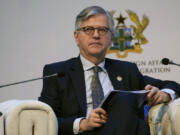 FILE - Jean-Pierre Lacroix, U.N. under-secretary-general for peace operations, speaks at the U.N. Peacekeeping ministerial meeting at the Accra International Conference Center in Ghana, Dec. 6, 2023. Lacroix said in an interview with The Associated Press that deep divisions, especially among the world&rsquo;s most powerful nations, have significantly undermined what the United Nations can do to help nations move from conflict to peace.