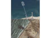 These images released by Maxar Technologies shows the newly completed pier on the Gaza Strip on May 18, 2024, top, and ther emaining section of the temporary pier on May 29, 2024. A string of security, logistical and weather problems have battered the plan to deliver desperately needed humanitarian aid to Gaza through a U.S. military-built pier.