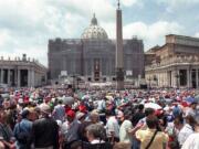Pilgrims crowd St. Peter&rsquo;s Square at the Vatican, Saturday, May 30, 1998, on Pentecost Day. The Vatican crosses a key milestone Thursday, May 9, 2024, in the run-up to its 2025 Jubilee with the promulgation of the official decree establishing the Holy Year: a once-every-quarter-century event that is expected to bring some 32 million pilgrims to Rome and has already brought months of headaches to Romans.
