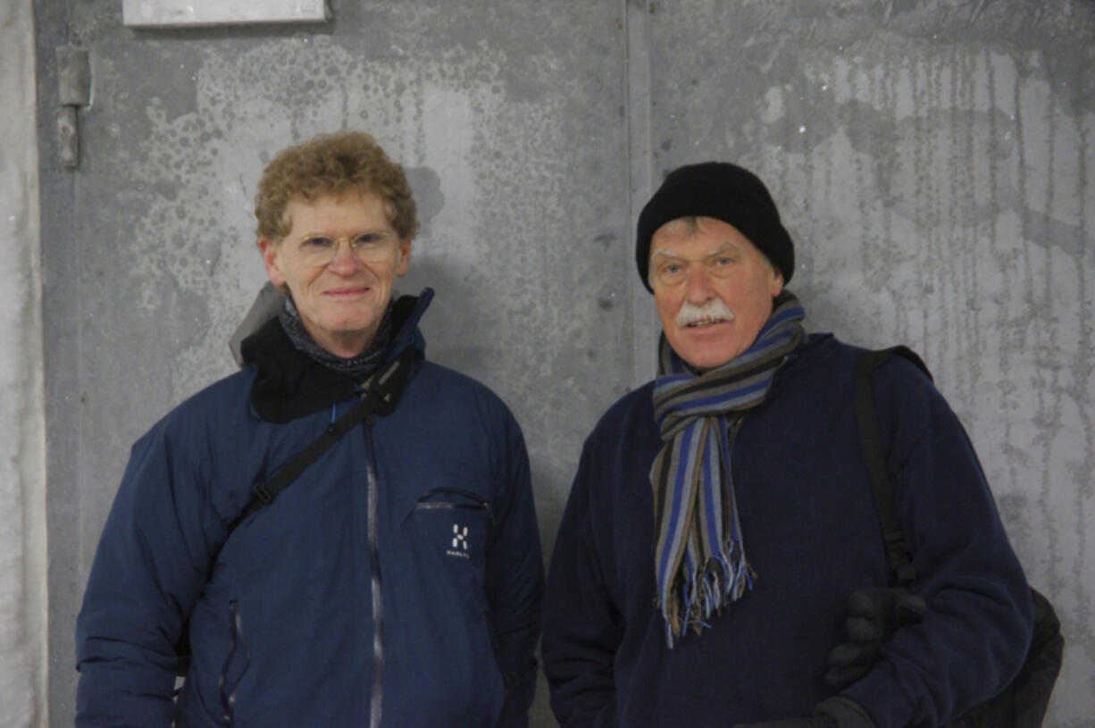 In this photo released by the World Food Prize Foundation, Cary Fowler, left, and Geoffrey Hawtin are shown Feb. 24, 2014, at the Svalbard Global Seed Vault in Norway. On Thursday, May 9, 2024, Fowler and Hawtin were awarded the World Food Prize because of their key roles in creating the seed vault, which now holds 1.25 million seed samples from almost every country in the world. Seeds vaults are important to ensuring the viability of agricultural crops, especially amid a changing climate.